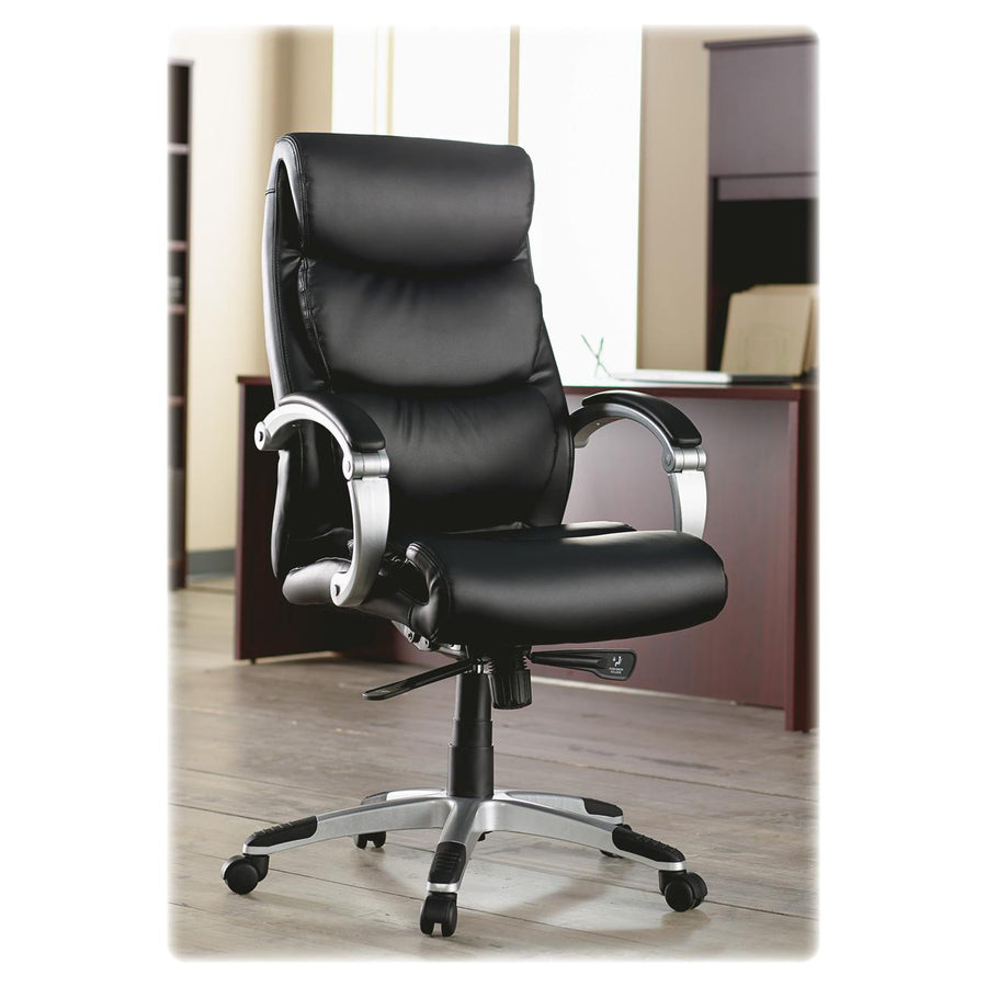 Lorell Executive High-back Chair with Flexing Arms - Powder Coated Frame - 5-star Base - Black, Silver - Bonded Leather - 1 Each - 