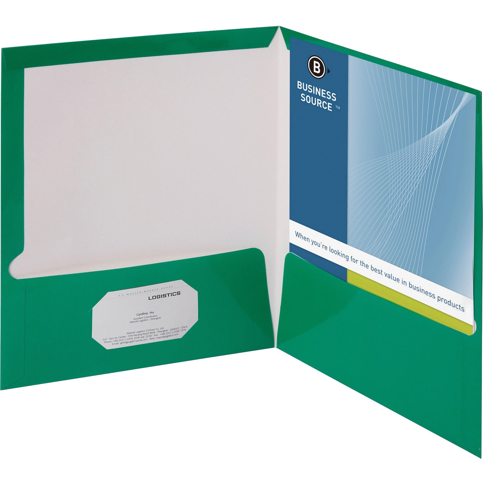 Business Source Letter Pocket Folder - 8 1/2" x 11" - 100 Sheet Capacity - 2 Internal Pocket(s) - Card Paper - Green - 25 / Box - 