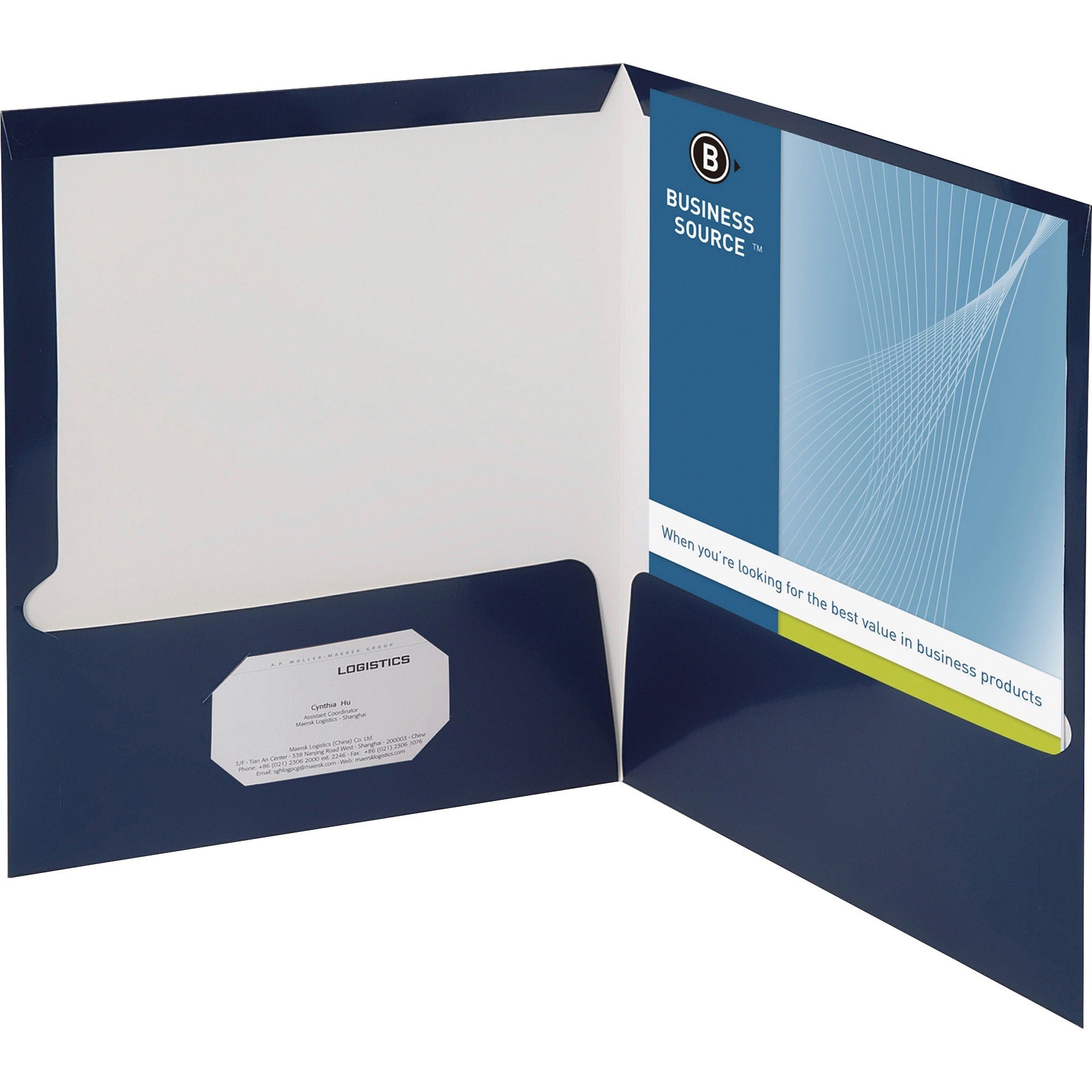 Business Source Letter Pocket Folder - 8 1/2" x 11" - 100 Sheet Capacity - 2 Internal Pocket(s) - Card Paper - Navy - 25 / Box - 