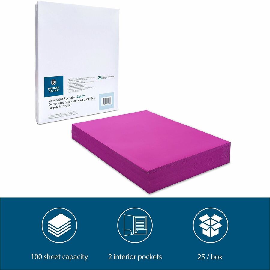 Business Source Letter Pocket Folder - 8 1/2" x 11" - 100 Sheet Capacity - 2 Internal Pocket(s) - Card Paper - Purple - 25 / Box