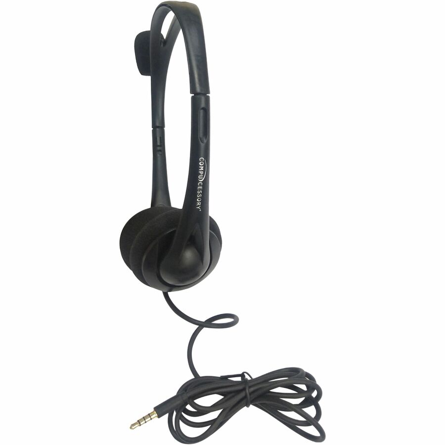 Compucessory Lightweight Stereo Headphones with Mic - Stereo - Mini-phone (3.5mm) - Wired - 32 Ohm - 20 Hz - 20 kHz - Over-the-head - Binaural - Semi-open - 5.92 ft Cable - Black