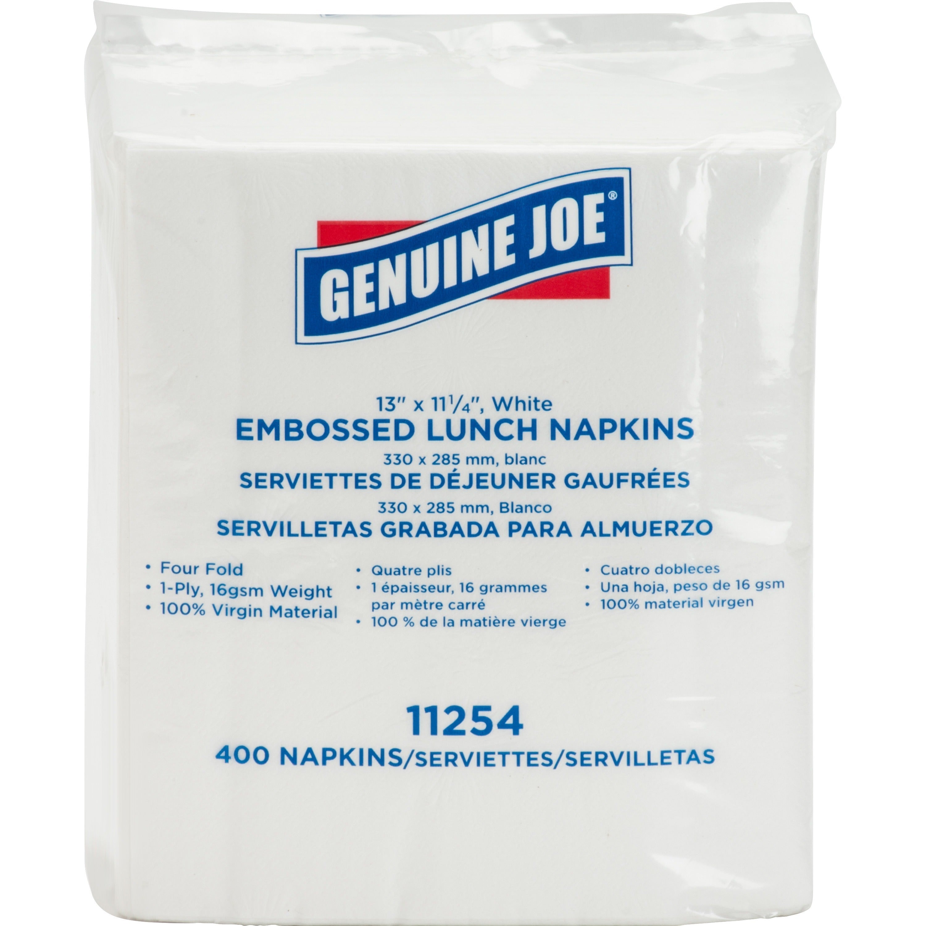 Genuine Joe Lunch Napkins - 1 Ply - Quarter-fold - 13" x 11.25" - White - Soft, Embossed, Versatile - For Lunch - 400 / Pack - 