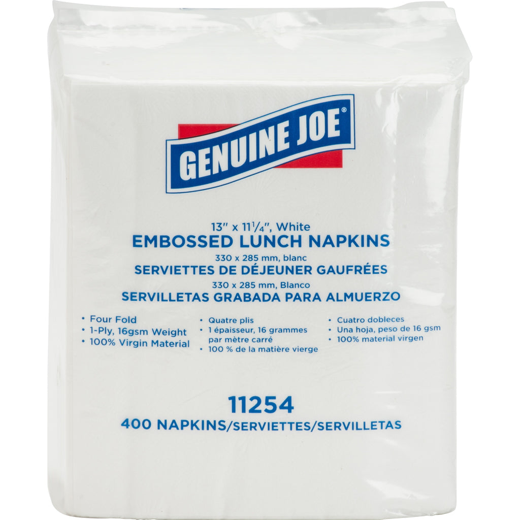 Genuine Joe Lunch Napkins - 1 Ply - Quarter-fold - 13" x 11.25" - White - Soft, Embossed, Versatile - For Lunch - 400 / Pack