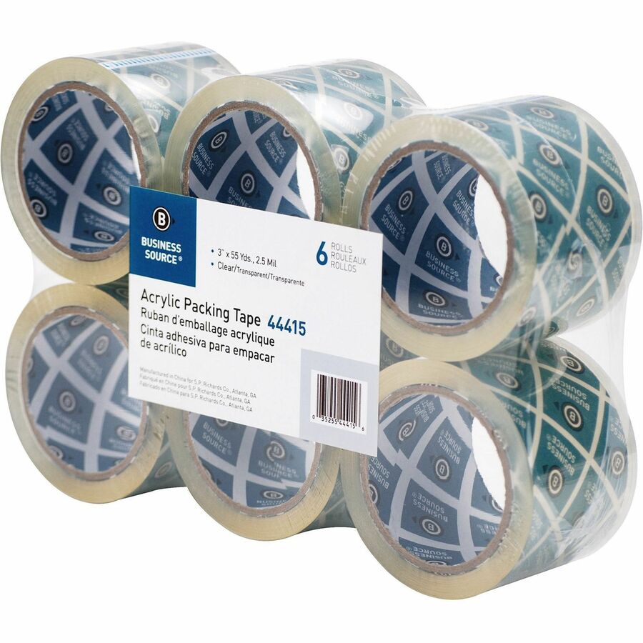Business Source Acrylic Packing Tape - 55 yd Length x 3" Width - 2.5 mil Thickness - 3" Core - Pressure-sensitive Poly - Acrylic Backing - For Mailing, Shipping, Storing - 6 / Pack - Clear