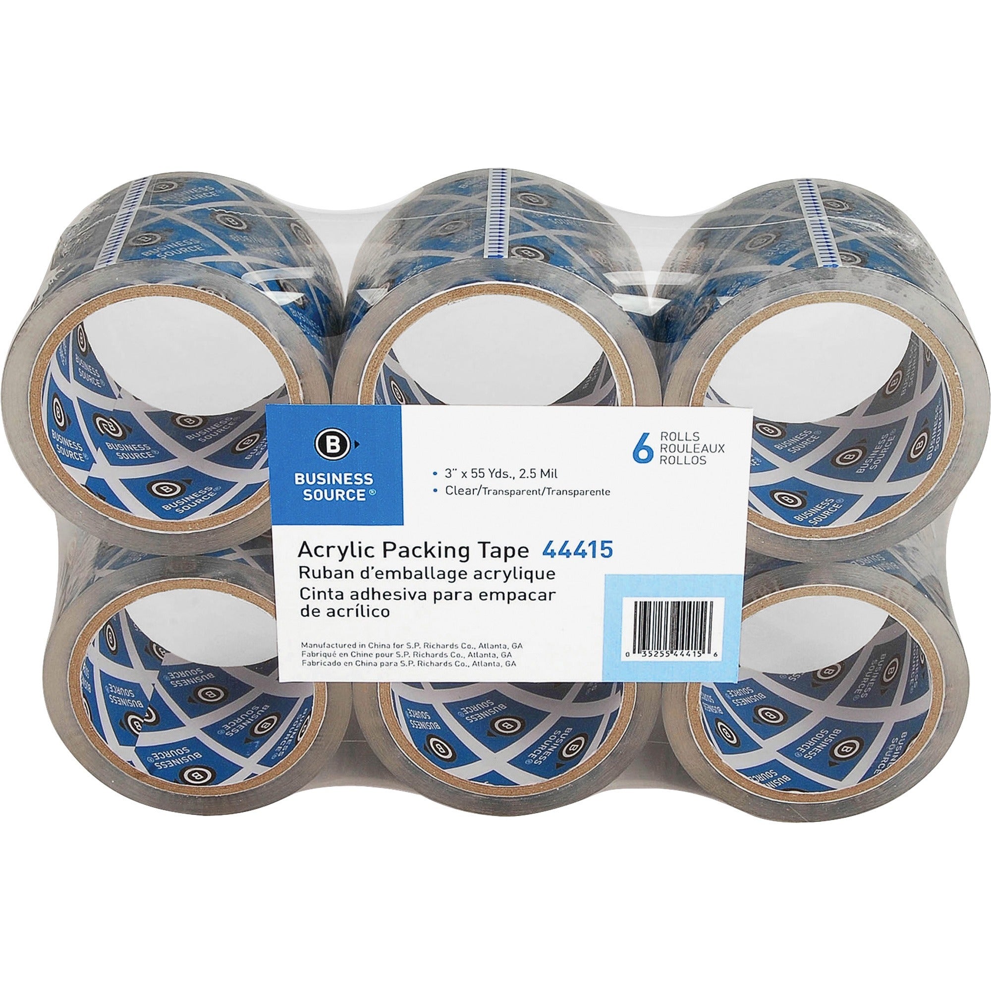 Business Source Acrylic Packing Tape - 55 yd Length x 3" Width - 2.5 mil Thickness - 3" Core - Pressure-sensitive Poly - Acrylic Backing - For Mailing, Shipping, Storing - 6 / Pack - Clear - 