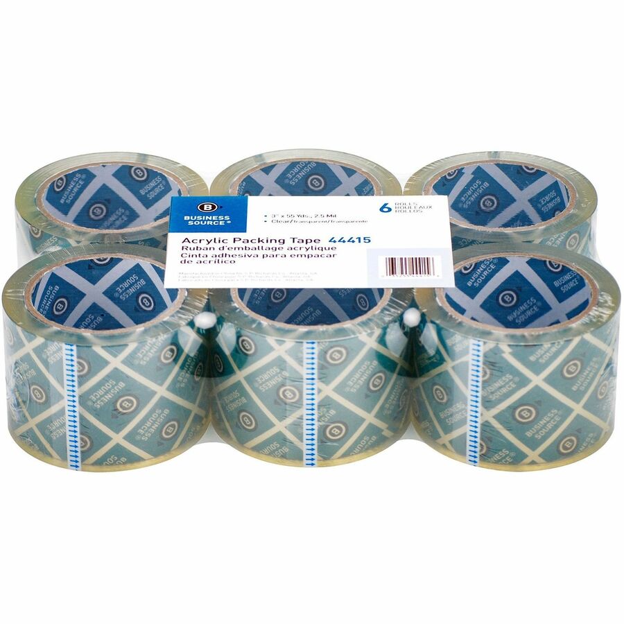 Business Source Acrylic Packing Tape - 55 yd Length x 3" Width - 2.5 mil Thickness - 3" Core - Pressure-sensitive Poly - Acrylic Backing - For Mailing, Shipping, Storing - 6 / Pack - Clear