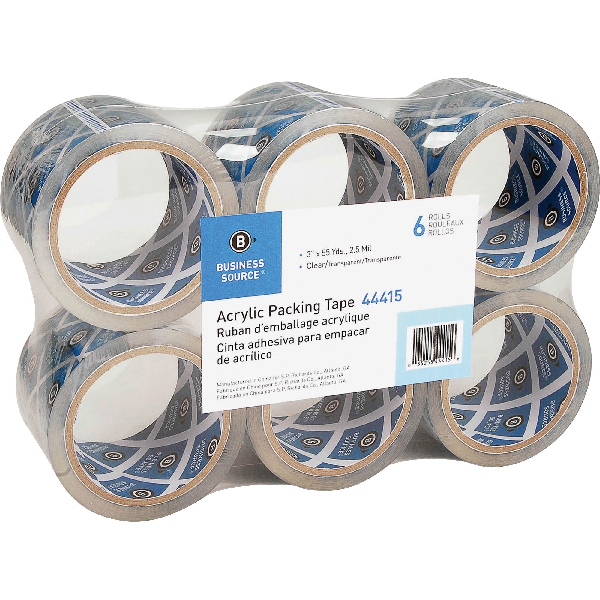 Business Source Acrylic Packing Tape - 55 yd Length x 3" Width - 2.5 mil Thickness - 3" Core - Pressure-sensitive Poly - Acrylic Backing - For Mailing, Shipping, Storing - 6 / Pack - Clear - 