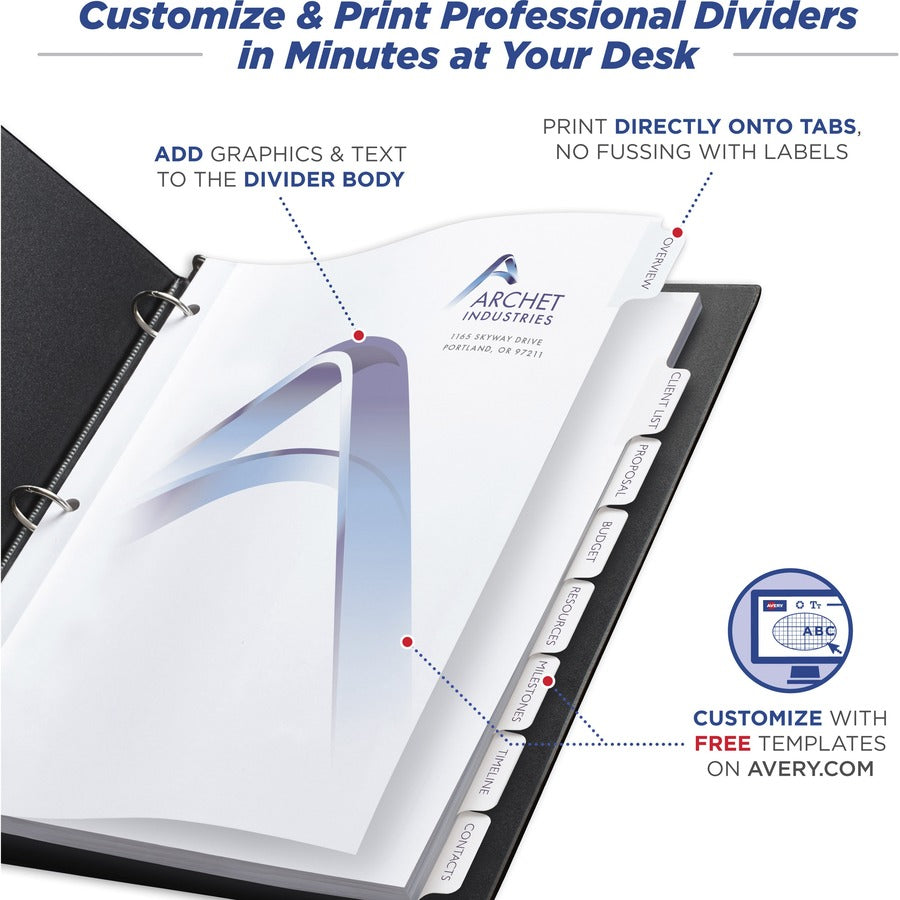 Customizable Print-On Dividers, 3-Hole Punched, 8-Tab, 11 x 8.5, White, 25 Sets