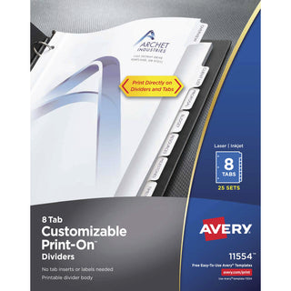 Customizable Print-On Dividers, 3-Hole Punched, 8-Tab, 11 x 8.5, White, 25 Sets