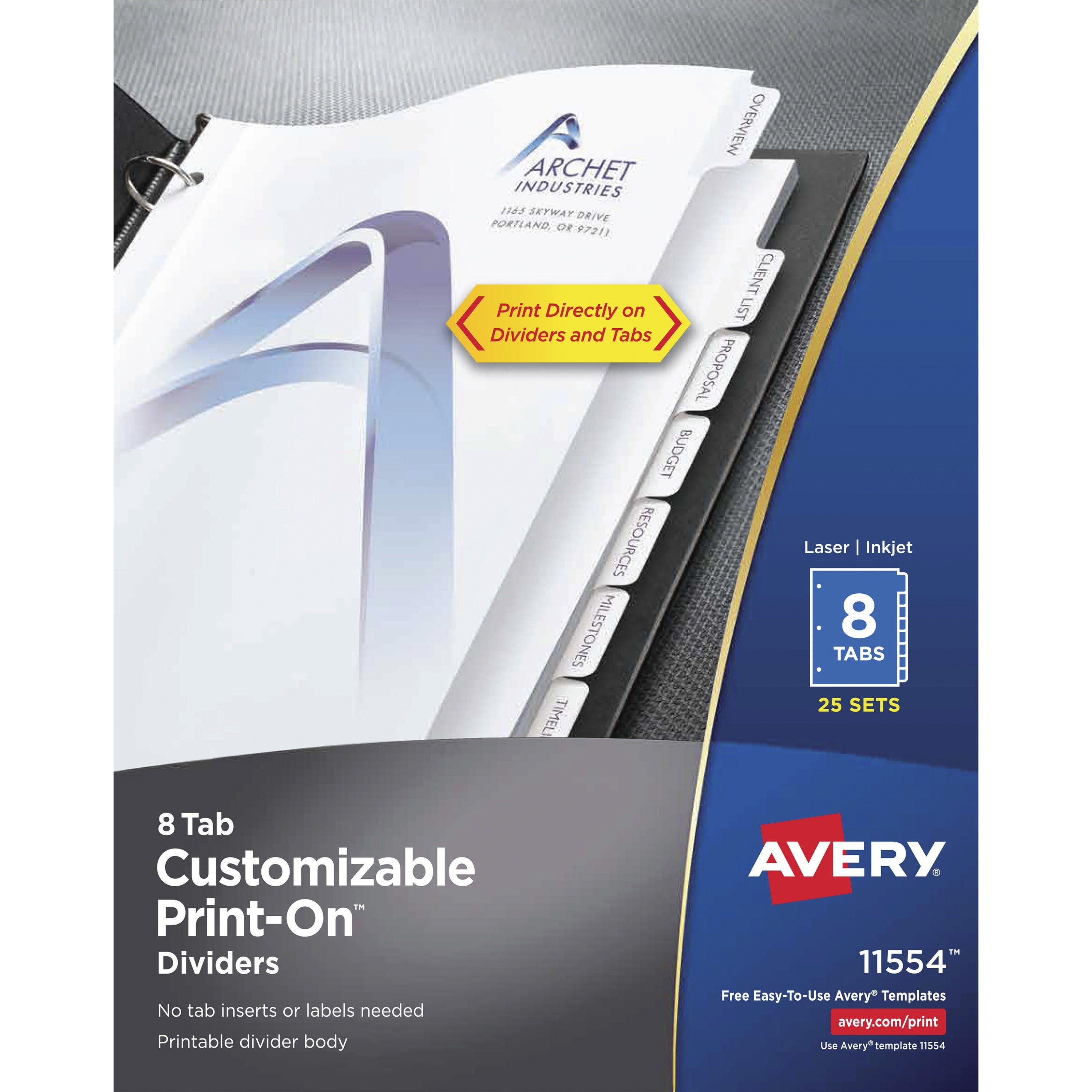 Customizable Print-On Dividers, 3-Hole Punched, 8-Tab, 11 x 8.5, White, 25 Sets