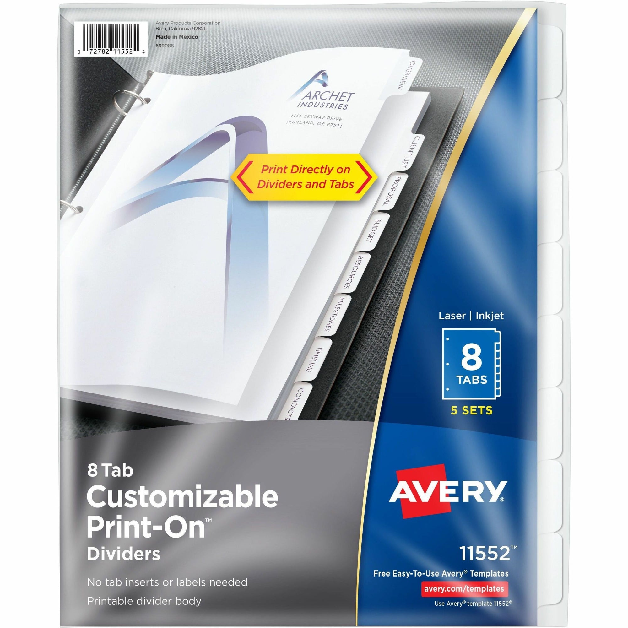 Customizable Print-On Dividers, 3-Hole Punched, 8-Tab, 11 x 8.5, White, 5 Sets