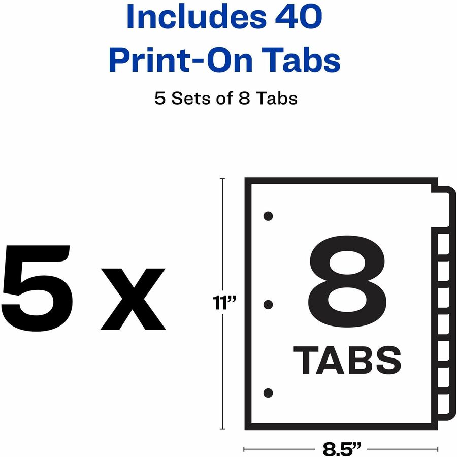 Customizable Print-On Dividers, 3-Hole Punched, 8-Tab, 11 x 8.5, White, 5 Sets