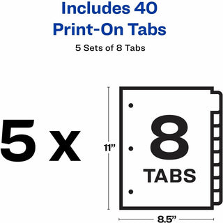 Customizable Print-On Dividers, 3-Hole Punched, 8-Tab, 11 x 8.5, White, 5 Sets