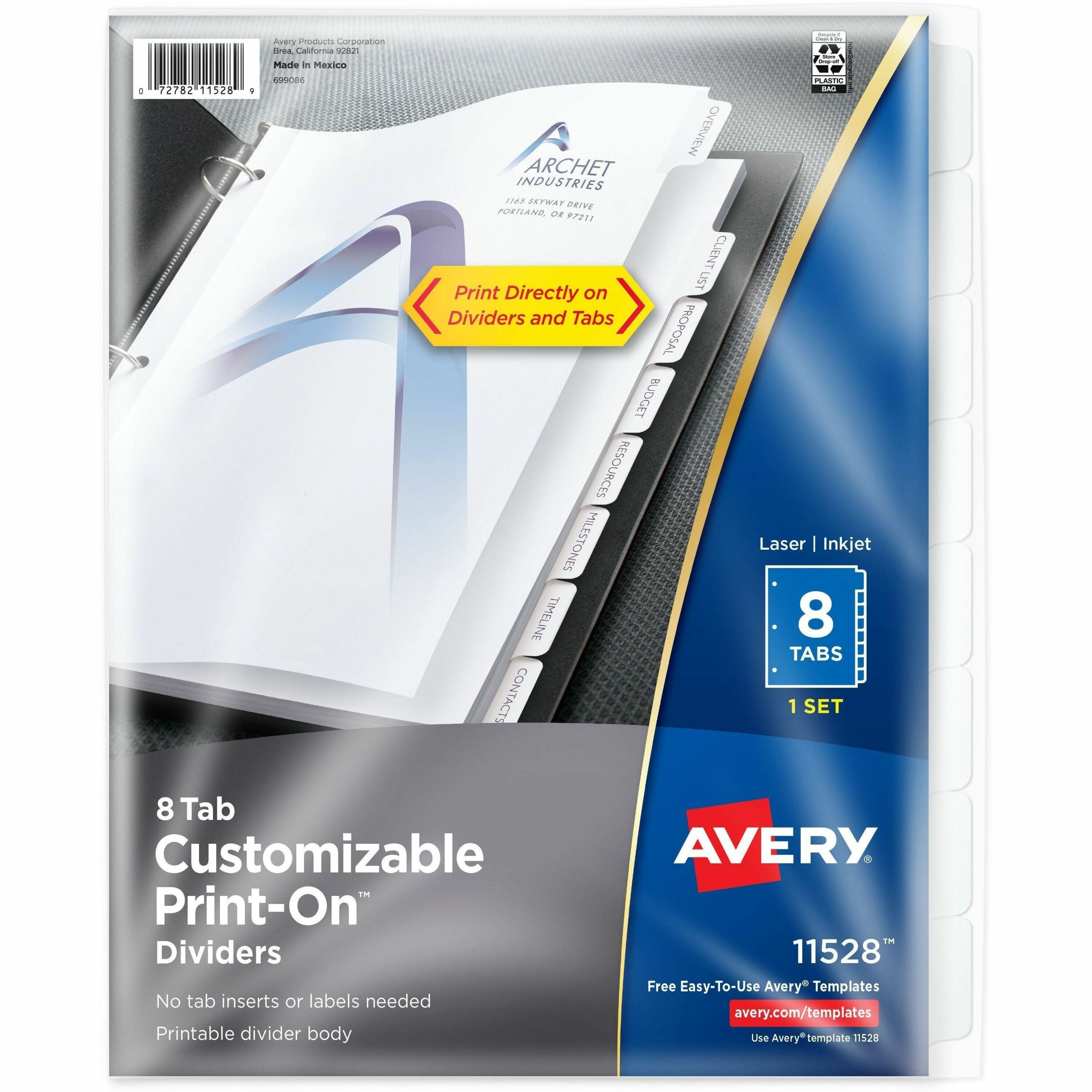 Customizable Print-On Dividers, 3-Hole Punched, 8-Tab, 11 x 8.5, White, 1 Set