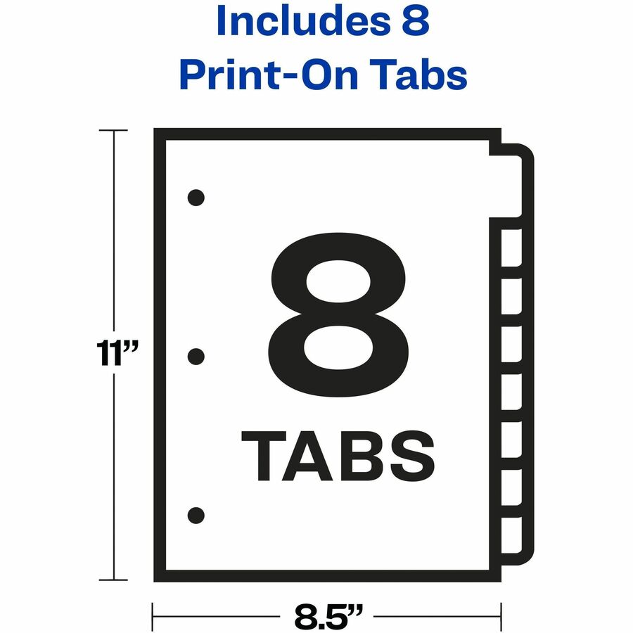 Customizable Print-On Dividers, 3-Hole Punched, 8-Tab, 11 x 8.5, White, 1 Set
