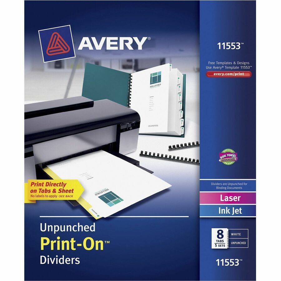 Customizable Print-On Dividers, Unpunched, 8-Tab, 11 x 8.5, White, 5 Sets