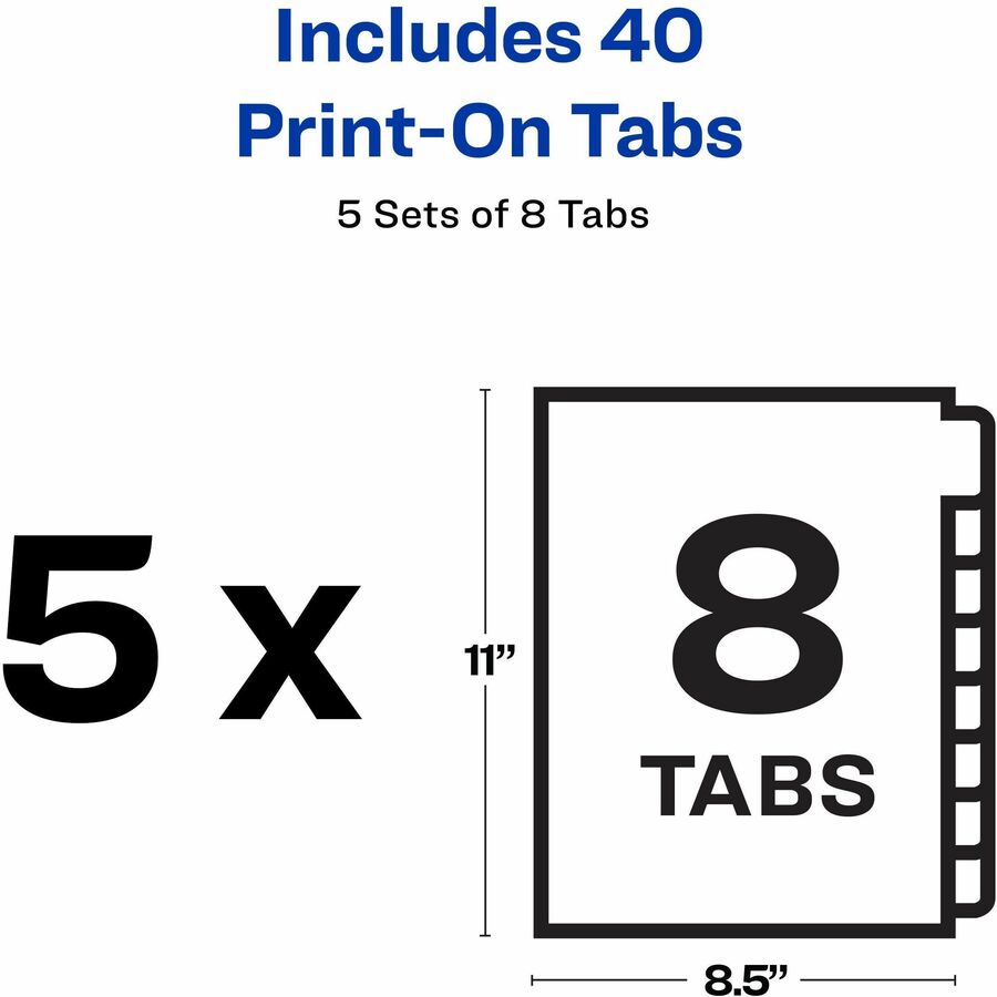 Customizable Print-On Dividers, Unpunched, 8-Tab, 11 x 8.5, White, 5 Sets