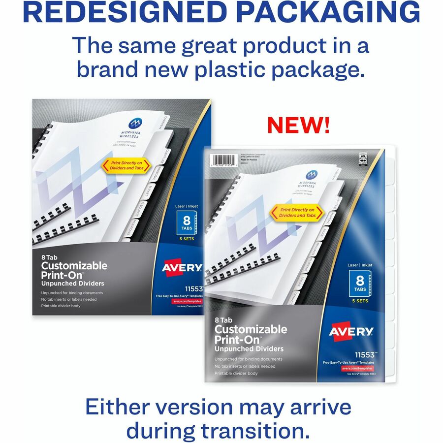 Customizable Print-On Dividers, Unpunched, 8-Tab, 11 x 8.5, White, 5 Sets