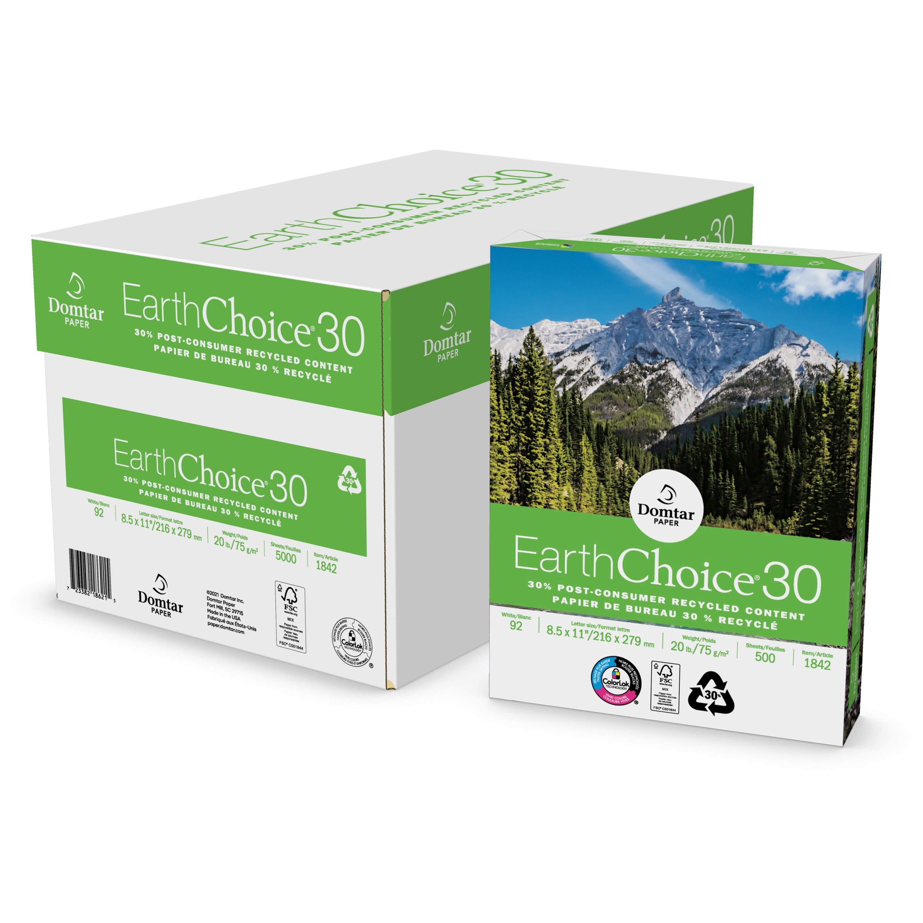 Domtar EarthChoice30 Recycled Office Paper - 92 Brightness - 88% Opacity - Letter - 8 1/2" x 11" - 20 lb Basis Weight - 5000 / Carton - FSC - ColorLok Technology, Chlorine-free, Acid-free, Jam-free - White - 