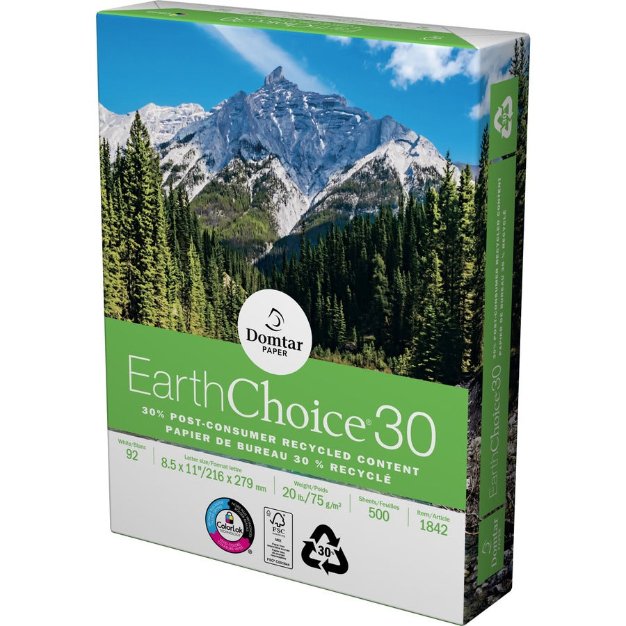 Domtar EarthChoice30 Recycled Office Paper - 92 Brightness - 88% Opacity - Letter - 8 1/2" x 11" - 20 lb Basis Weight - 5000 / Carton - FSC - ColorLok Technology, Chlorine-free, Acid-free, Jam-free - White - 