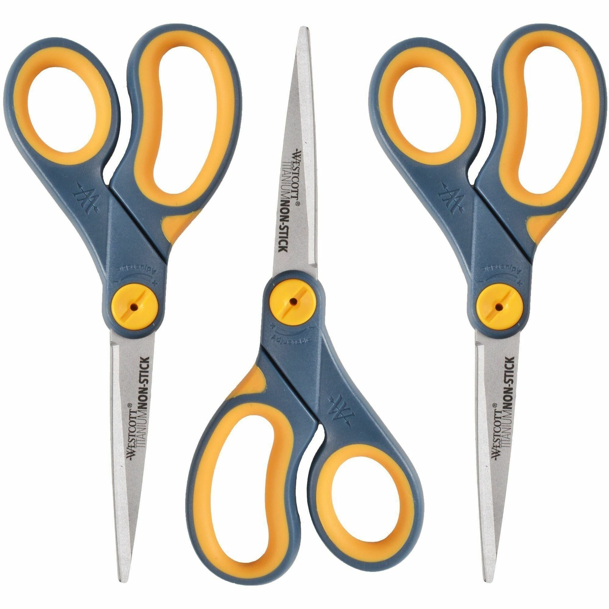 Non-Stick Titanium Bonded Scissors, 8" Long, 3.25" Cut Length, Gray/Yellow Straight Handles, 3/Pack