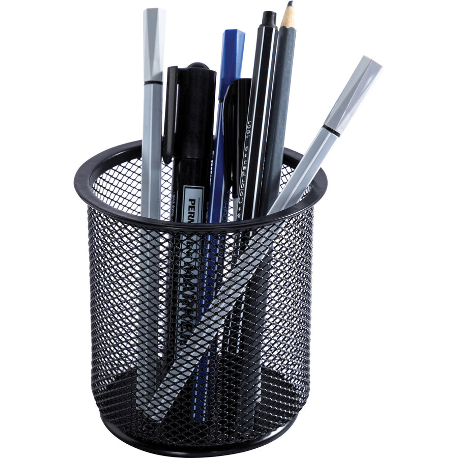 Lorell Mesh Wire Pencil Cup Holder - 3.5" x 3.9" x - Steel - 1 Each - Black - 