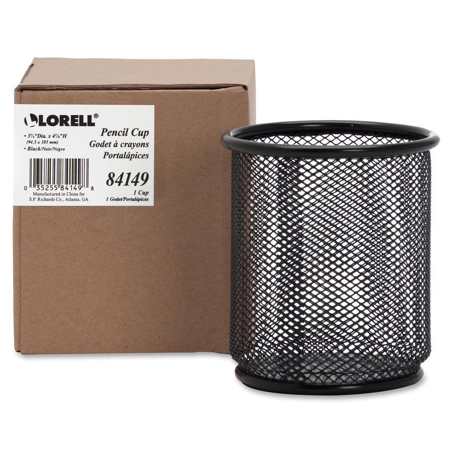 Lorell Mesh Wire Pencil Cup Holder - 3.5" x 3.9" x - Steel - 1 Each - Black - 