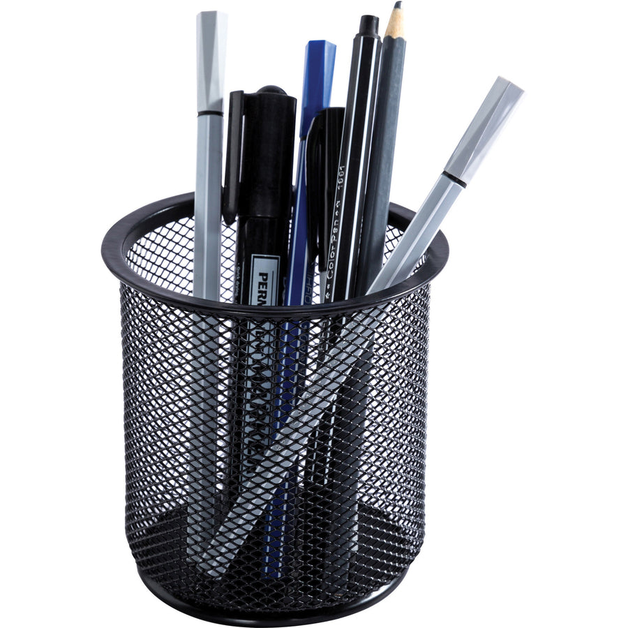 Lorell Mesh Wire Pencil Cup Holder - 3.5" x 3.9" x - Steel - 1 Each - Black