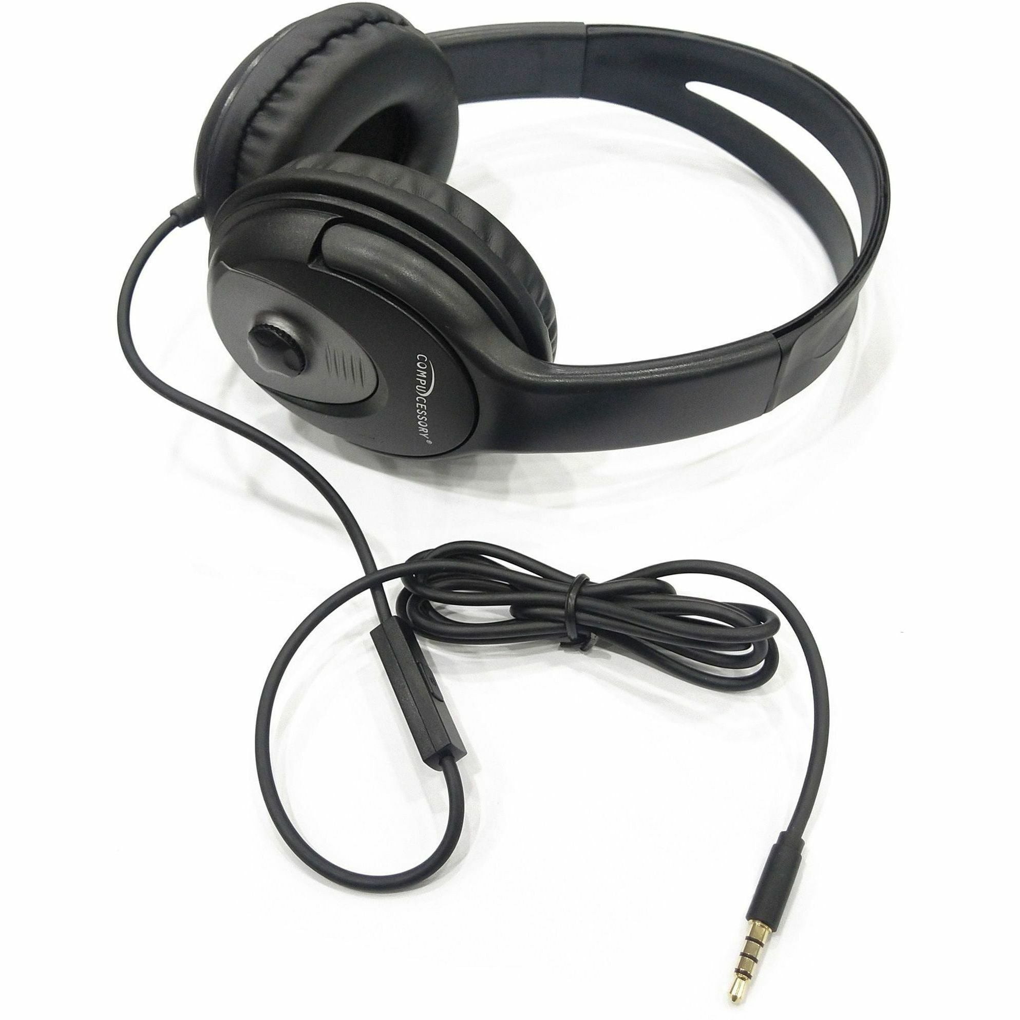 Compucessory Stereo Headset with Built-in Microphone - Stereo - Black - Mini-phone (3.5mm) - Wired - 32 Ohm - 20 Hz 20 kHz - Over-the-head - Binaural - Circumaural - 3.93 ft Cable - 1 - 