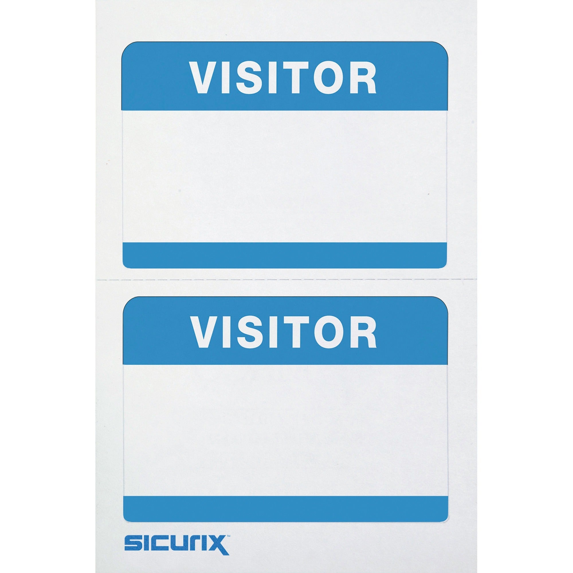 SICURIX Self-adhesive Visitor Badge - 3 1/2" Width x 2 1/4" Length - Removable Adhesive - Rectangle - White, Blue - 100 / Box - Self-adhesive, Easy Peel - 