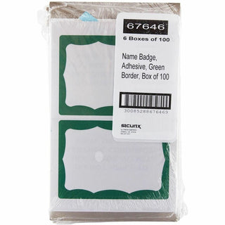 SICURIX Self-adhesive Visitor Badge - 3 1/2" Width x 2 1/4" Length - White, Green - 100 / Box - Self-adhesive, Removable, Easy Peel