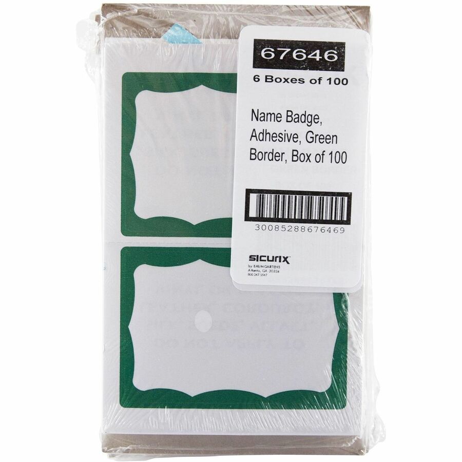 SICURIX Self-adhesive Visitor Badge - 3 1/2" Width x 2 1/4" Length - White, Green - 100 / Box - Self-adhesive, Removable, Easy Peel
