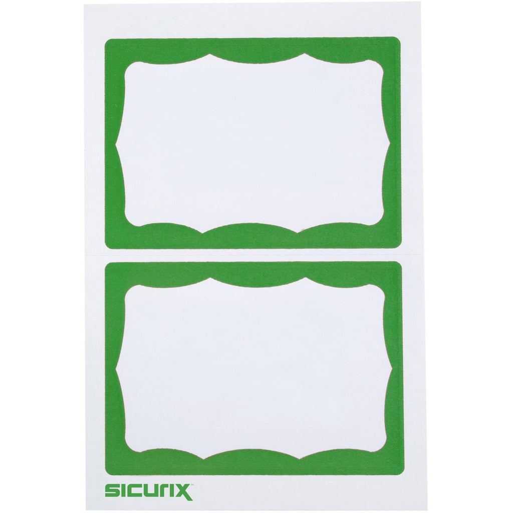 SICURIX Self-adhesive Visitor Badge - 3 1/2" Width x 2 1/4" Length - White, Green - 100 / Box - Self-adhesive, Removable, Easy Peel