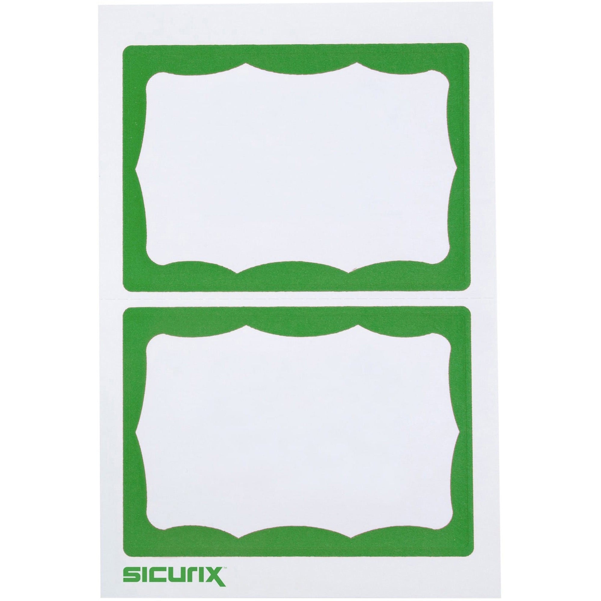 SICURIX Self-adhesive Visitor Badge - 3 1/2" Width x 2 1/4" Length - White, Green - 100 / Box - Self-adhesive, Removable, Easy Peel - 