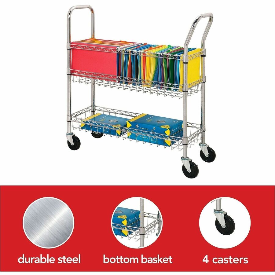 Lorell Mobile Wire Mail Cart - 99.21 lb Capacity - 4 Casters - 4" Caster Size - Steel - x 34.3" Width x 12.5" Depth x 40" Height - Chrome - 1 Each
