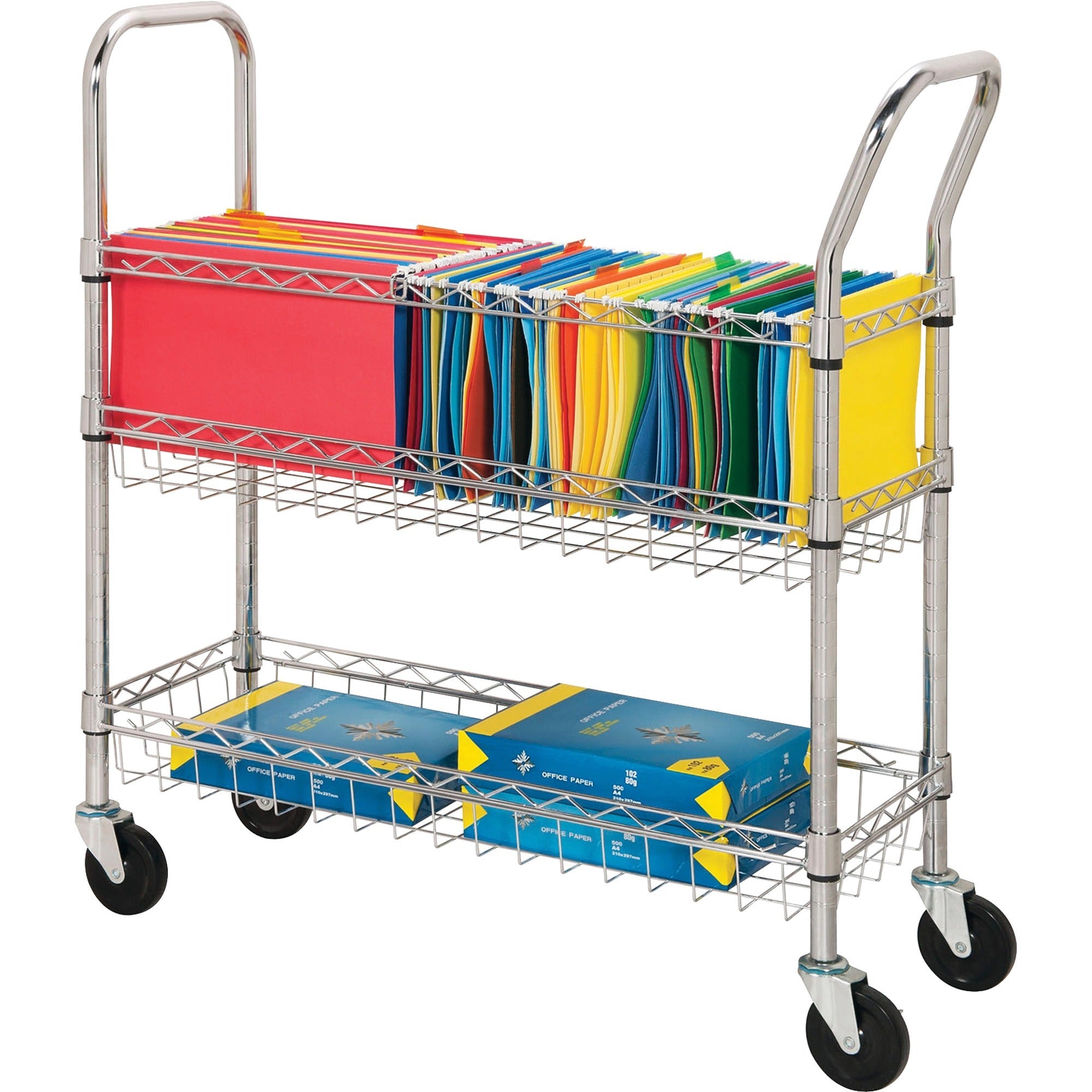 Lorell Mobile Wire Mail Cart - 99.21 lb Capacity - 4 Casters - 4" Caster Size - Steel - x 34.3" Width x 12.5" Depth x 40" Height - Chrome - 1 Each - 