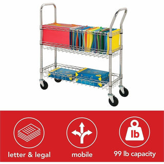 Lorell Mobile Wire Mail Cart - 99.21 lb Capacity - 4 Casters - 4" Caster Size - Steel - x 34.3" Width x 12.5" Depth x 40" Height - Chrome - 1 Each