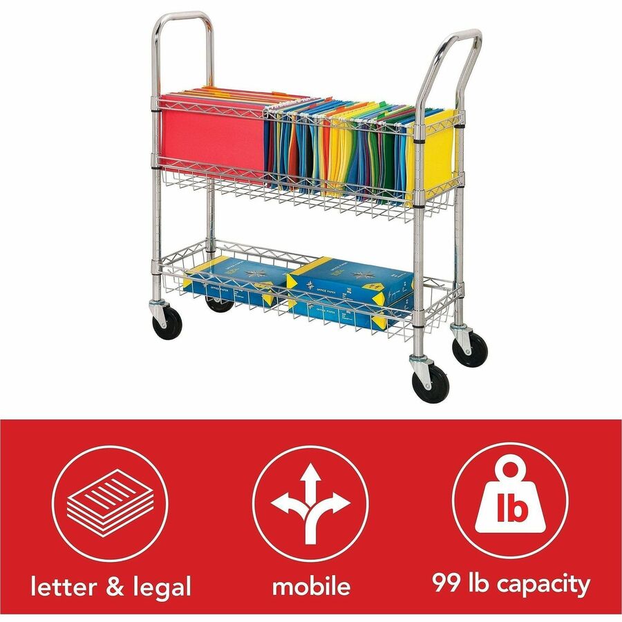 Lorell Mobile Wire Mail Cart - 99.21 lb Capacity - 4 Casters - 4" Caster Size - Steel - x 34.3" Width x 12.5" Depth x 40" Height - Chrome - 1 Each