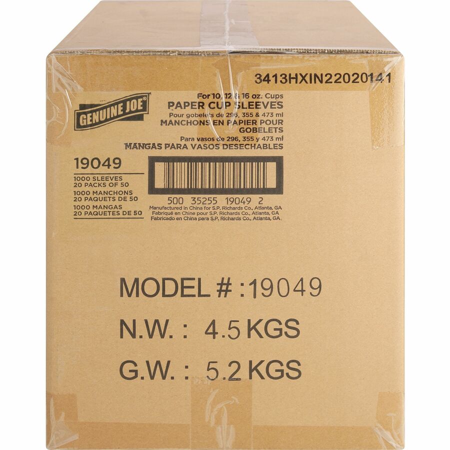 Genuine Joe Protective Corrugated Cup Sleeves - 20 / Carton - Brown