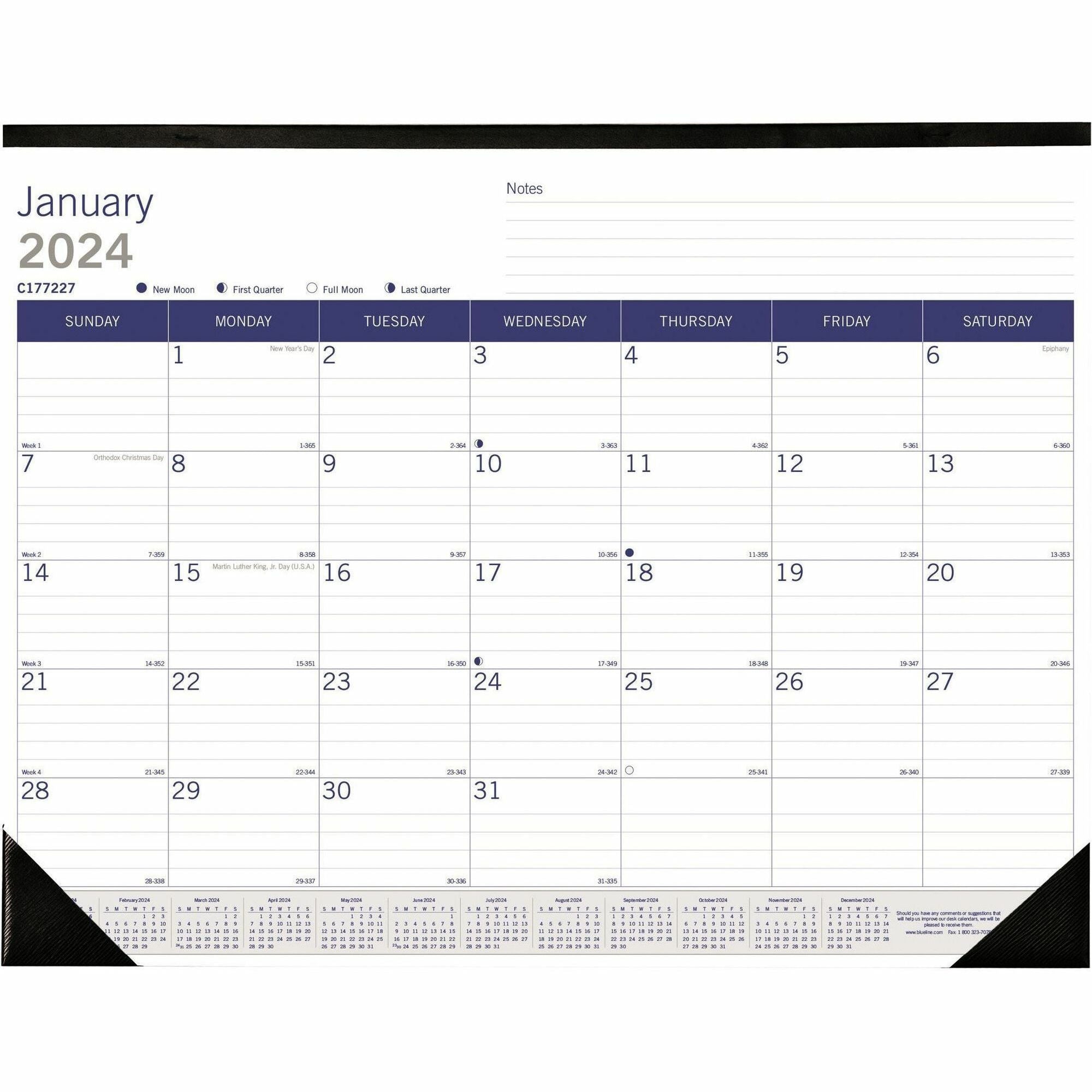 Blueline DuraGlobe Monthly Desk Pad Calendar - Julian Dates - Monthly - 12 Month - January 2024 - December 2024 - 1 Month Single Page Layout - 22" x 17" Sheet Size - Desk Pad - Chipboard, Paper - Reference Calendar, Eco-friendly, Notepad, Reinforced - 