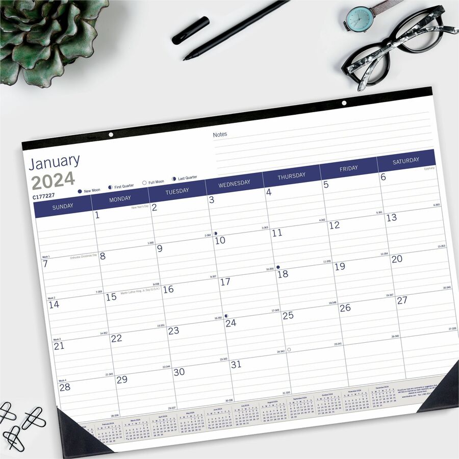 Blueline DuraGlobe Monthly Desk Pad Calendar - Julian Dates - Monthly - 12 Month - January 2024 - December 2024 - 1 Month Single Page Layout - 22" x 17" Sheet Size - Desk Pad - Chipboard, Paper - Reference Calendar, Eco-friendly, Notepad, Reinforced - 