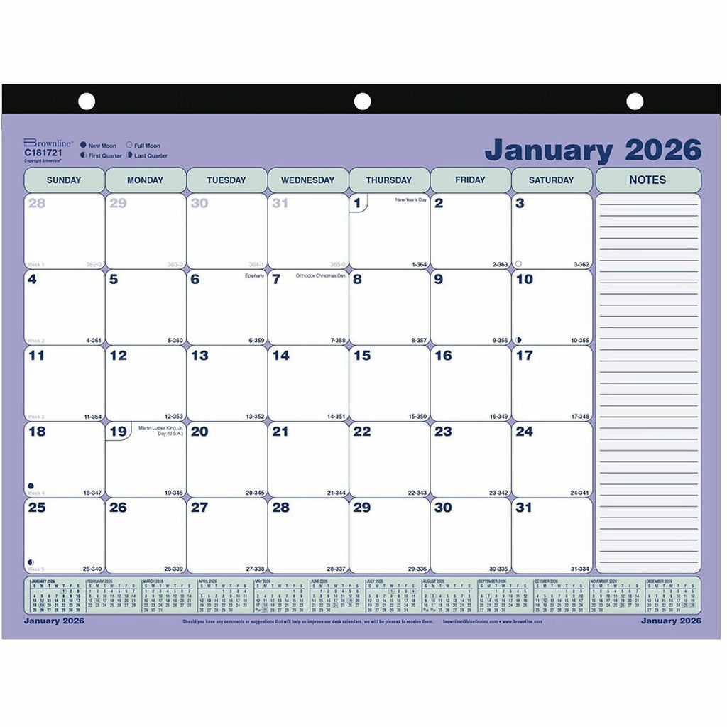Monthly Desk Pad Calendar, 11 x 8.5, White/Blue/Green Sheets, Black Binding, 12-Month (Jan to Dec): 2024