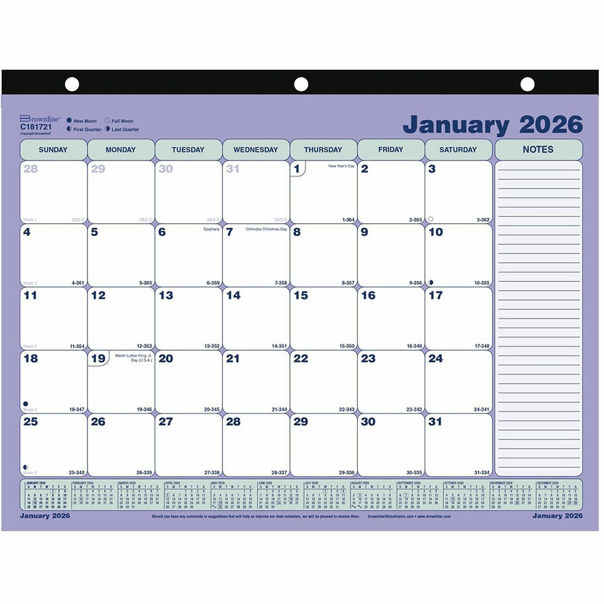 Monthly Desk Pad Calendar, 11 x 8.5, White/Blue/Green Sheets, Black Binding, 12-Month (Jan to Dec): 2024