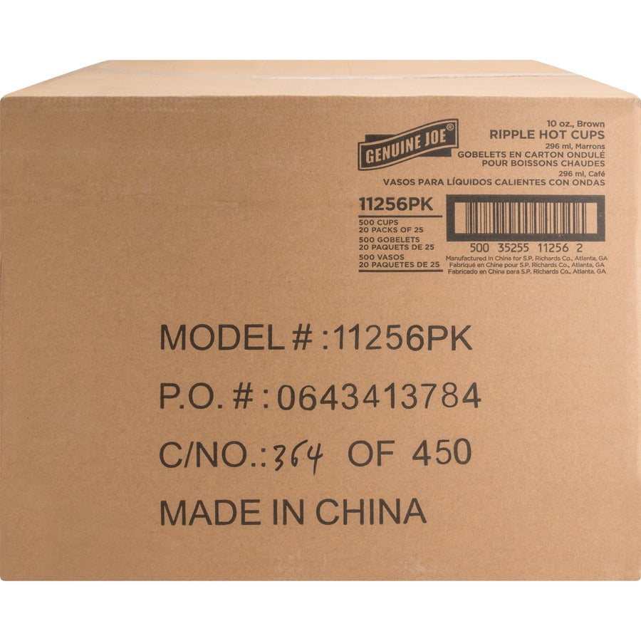 Genuine Joe 10 oz Rippled Hot Cups - 25.0 / Pack - 20 / Carton - Brown - Hot Drink, Beverage