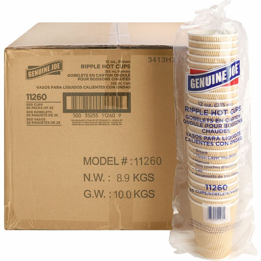 Genuine Joe 12 oz Rippled Hot Cups - 25.0 / Pack - 20 / Carton - Brown - Hot Drink, Beverage