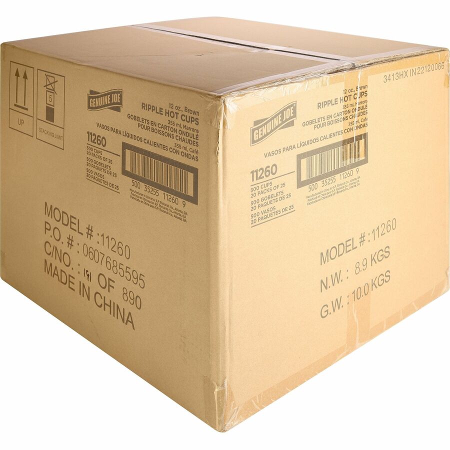 Genuine Joe 12 oz Rippled Hot Cups - 25.0 / Pack - 20 / Carton - Brown - Hot Drink, Beverage