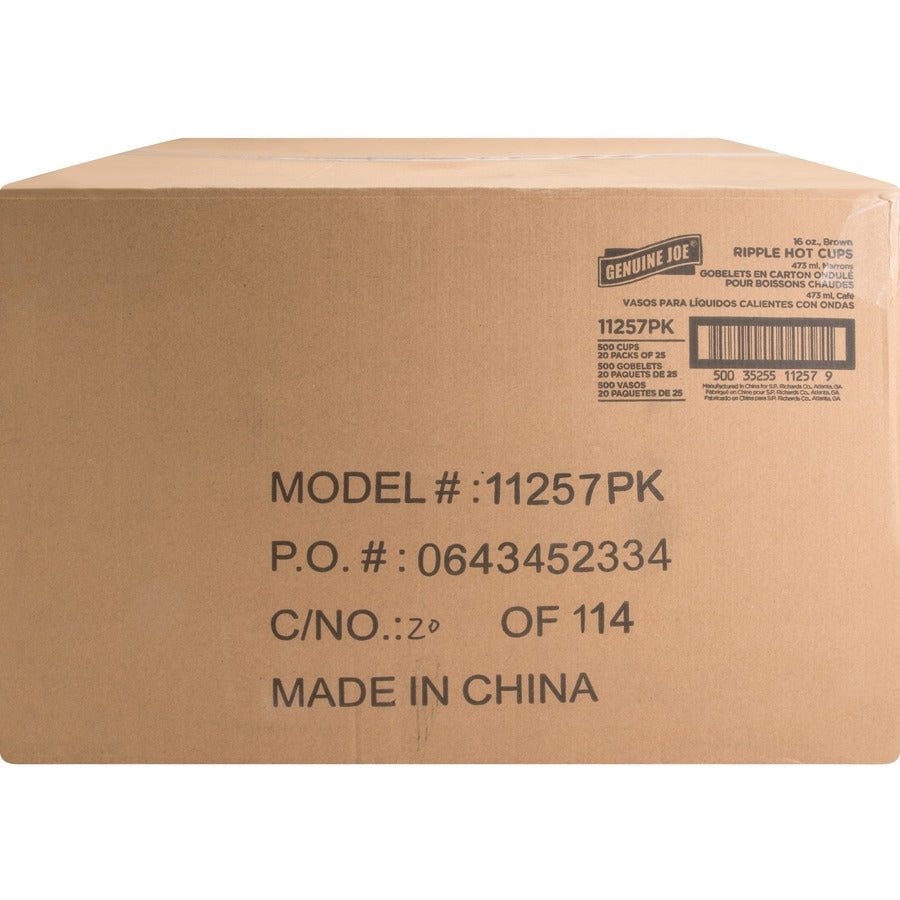 Genuine Joe 16 oz Rippled Hot Cups - 25.0 / Pack - 20 / Carton - Brown - Hot Drink, Beverage