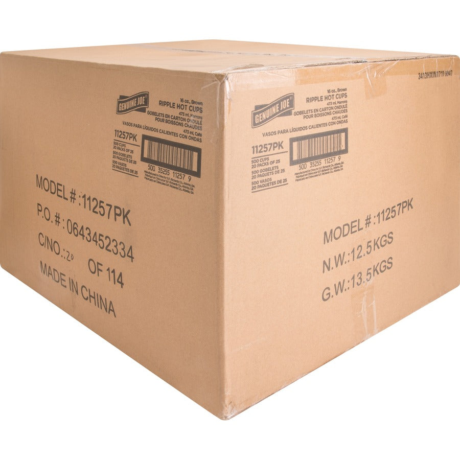 Genuine Joe 16 oz Rippled Hot Cups - 25.0 / Pack - 20 / Carton - Brown - Hot Drink, Beverage