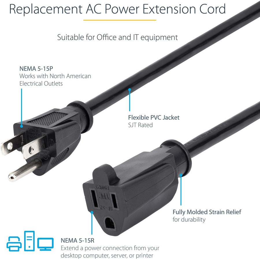 StarTech.com 3ft (1m) Power Extension Cord, NEMA5-15R to NEMA5-15P Black Extension Cord, 13A 125V, 16AWG, Computer Power Extension Cable - AC power extension cord 3ft/1m 16AWG power supply extension cable NEMA 5-15R to NEMA 5-15P connectors; 125V at
