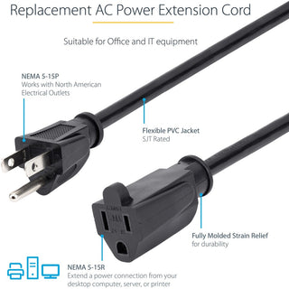 StarTech.com 3ft (1m) Power Extension Cord, NEMA5-15R to NEMA5-15P Black Extension Cord, 13A 125V, 16AWG, Computer Power Extension Cable - AC power extension cord 3ft/1m 16AWG power supply extension cable NEMA 5-15R to NEMA 5-15P connectors; 125V at